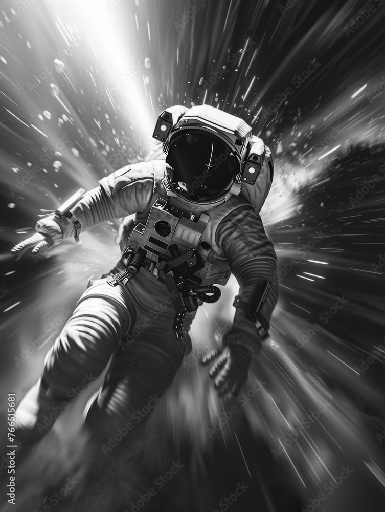 Poster a man in a spacesuit is flying through space. the image is in black and white and has a sense of mot
