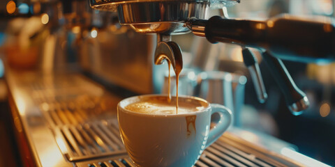 A coffee shop with a barista pouring coffee into a white cup. Concept of warmth and comfort, as the coffee is being poured into a cup, ready to be enjoyed by someone