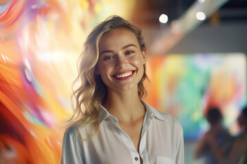 Realistic HD close-up of a young female artist's imaginative smile, with a colorful studio canvas gently blurred behind