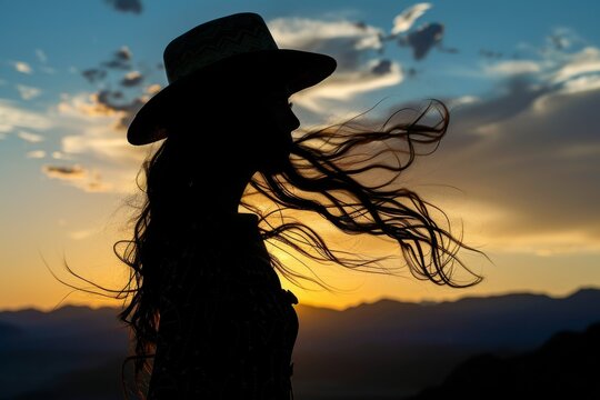 Woman Wearing Hat Silhouetted Against Sky in Early Evening Twilight as the Wind Blows her Hair.  Generative AI.

