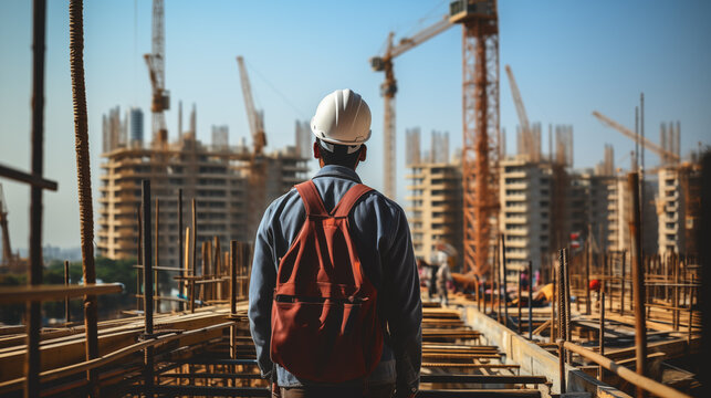 Back view of a male engineer standing on a construction site with cranes in the background