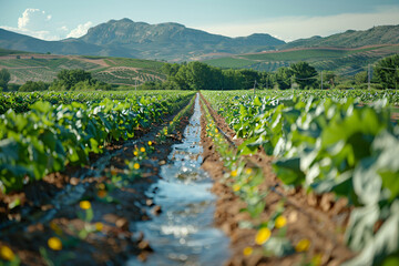 Fototapeta na wymiar Irrigation water flowing through farm crop rows with mountain backdrop. Agriculture and farming concept for banner, poster. Landscape view with copy space