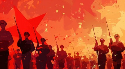 Naklejka premium watercolor illustration, vintage postcard, Victory Day, silhouettes of Red Army soldiers, red banner, copy space, free space for text