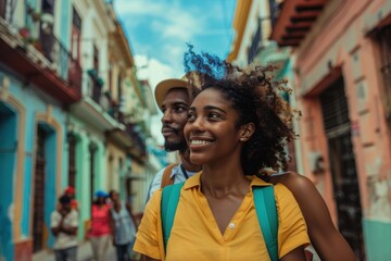 Serene romantic couple leisurely enjoying an evening stroll through the vibrant, historic cobblestone streets of Old Havana, Cuba - obrazy, fototapety, plakaty