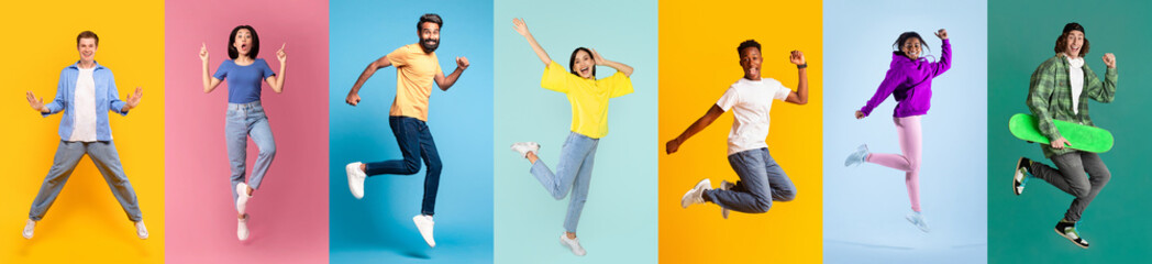 Happy Youth. Diverse Cheerful Multiethnic People Jumping Against Colorful Studio Backgrounds
