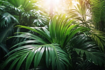 Natural tropical green palm leaves and sunlight background. wallpaper . Jungle poster
