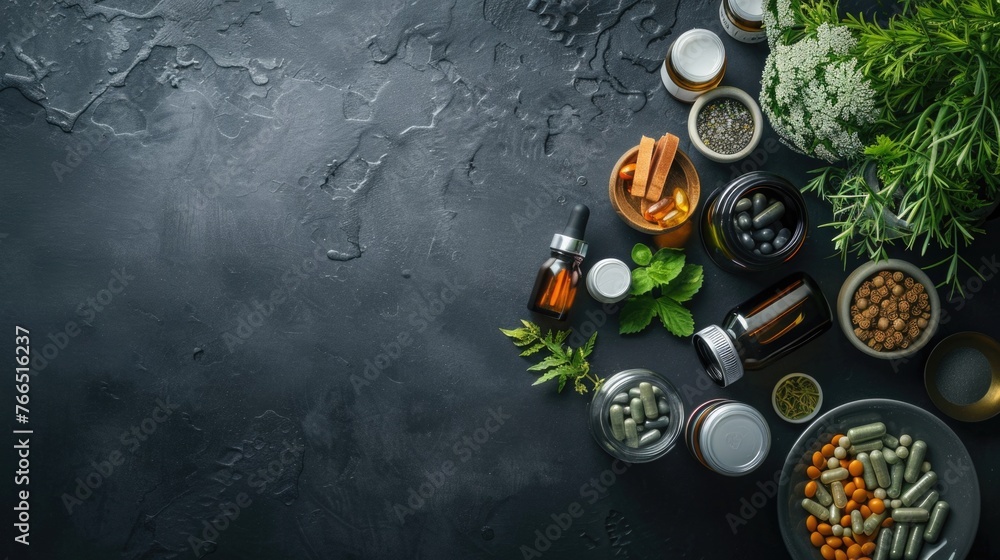 Poster a table with many different types of herbs and spices. the herbs and spices are arranged in a way th