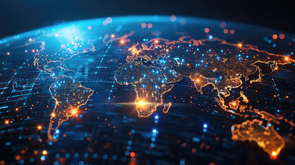 Fototapeta premium Globalization. virtual global world map with media link connecting technology, digital, internet, network security system, networking tech, cybersecurity, business, cyber network connection concept
