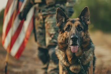 A military man and his German Shepherd stand in front of a US flag on Veterans Day. Concept Veterans Day, Military Tribute, Pet Portrait, American Flag, Patriotic Photoshoot