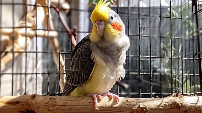 Stunning cockatiel preening feathers on wooden perch in cage.