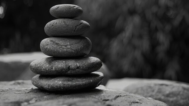A stack of rocks on a rock. The rocks are black and the image is in black and white