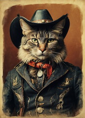 Cowboy cat vintage illustration art poster. Cat cheriff wearing in cowboy costume. portrait.
