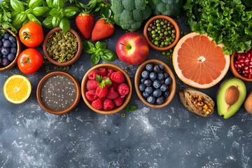 fresh fruits, vegetables and grains with a chalk texture on a dark background including chia seeds, avocados, blueberries, strawberries, kale leaves, orange juice, and broccoli in wooden bowls