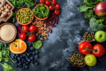 fresh fruits, vegetables and nuts on dark background including tomato, green apple, blueberrie, broccoli, olive, nuts, bean and legumes