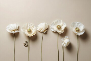 Flowers background. White Poppy flowers pattern on beige backdrop. Floral art. Poster