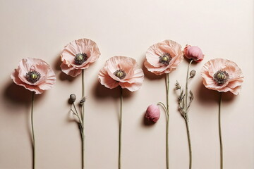 Flowers background. Pink Poppy flowers pattern on beige backdrop. Floral art. Poster
