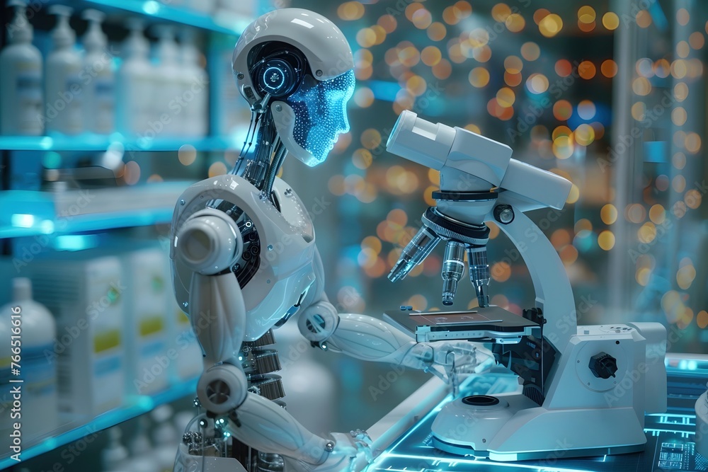 Poster 3d rendering of humanoid robot is using an ai microscope to analyze medical samples in the laborator
