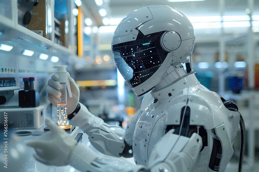 Poster 3d rendering of white humanoid robot holding and looking at medical equipment on hand, futuristic de