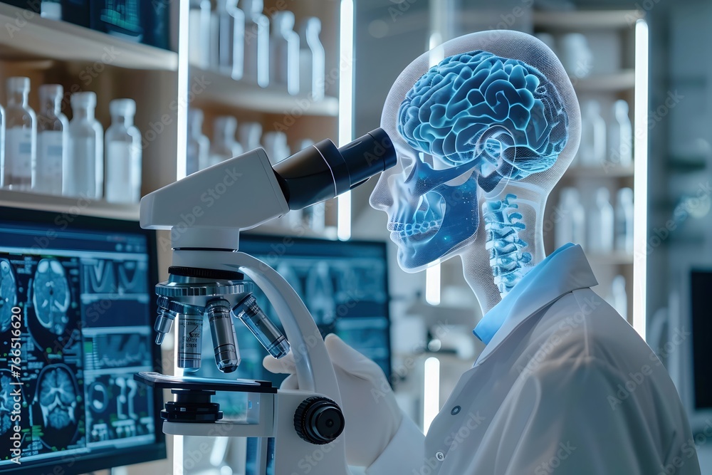 Poster 3d rendering of scientist in lab coat is looking through a microscope at blue x-ray of a human brain