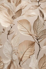 Leaves pattern on beige background neutral colors. Wallpaper. Floral card. Poster