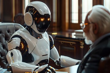 white humanoid robot with glowing orange eyes and black circuitry sitting at an office desk, having a conversation with an old man in a suit