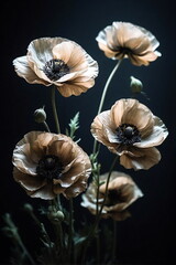 Poppy flowers blured dark background . Floral art. Card. Beautiful botanical Poster.
