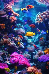 Fototapeta na wymiar A colorful fish tank with many different colored fish swimming around. The fish are in various sizes and colors, including blue, yellow, and orange. The tank is filled with a variety of coral