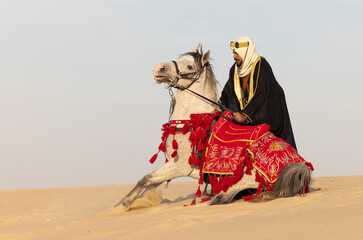 Saudi Man with his white stallion in a desert