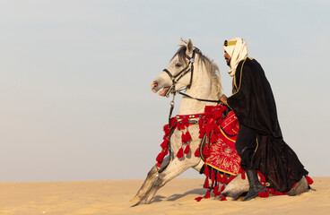 Saudi Man with his white stallion in a desert