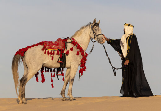 Saudi Man with his white stallion in a desert
