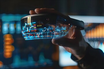 hand holding virtual reality headset displaying stock market data and graphs, concept of futuristic trading in the digital business, investment, business finance, technology concept