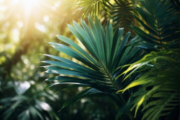 Natural tropical green palm leaves and sunlight background. wallpaper . Jungle poster