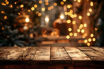 empty brown wood board table or wooden floor with blurred abstract night light bokeh at restaurant in city background, advertising agency, copy space for display of product or object presentation