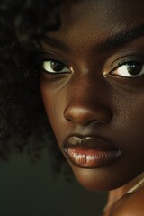 A woman with dark hair and a dark skinned face. She has a dark nose and lips