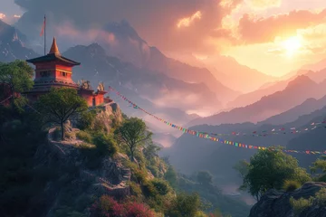 Papier Peint photo Himalaya Sunrise illuminates a Himalayan temple and vibrant prayer flags, with the majestic snow-capped mountains creating a breathtaking backdrop. A tranquil monastery high in the mountains. Resplendent.