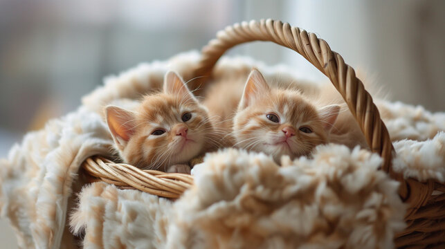 cute baby cats in basket with fluffy blanket