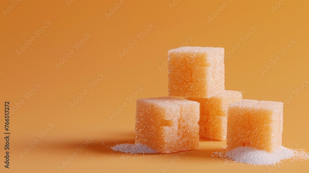 Poster a pile of sugar cubes on a yellow background. the cubes are piled on top of each other, creating a s