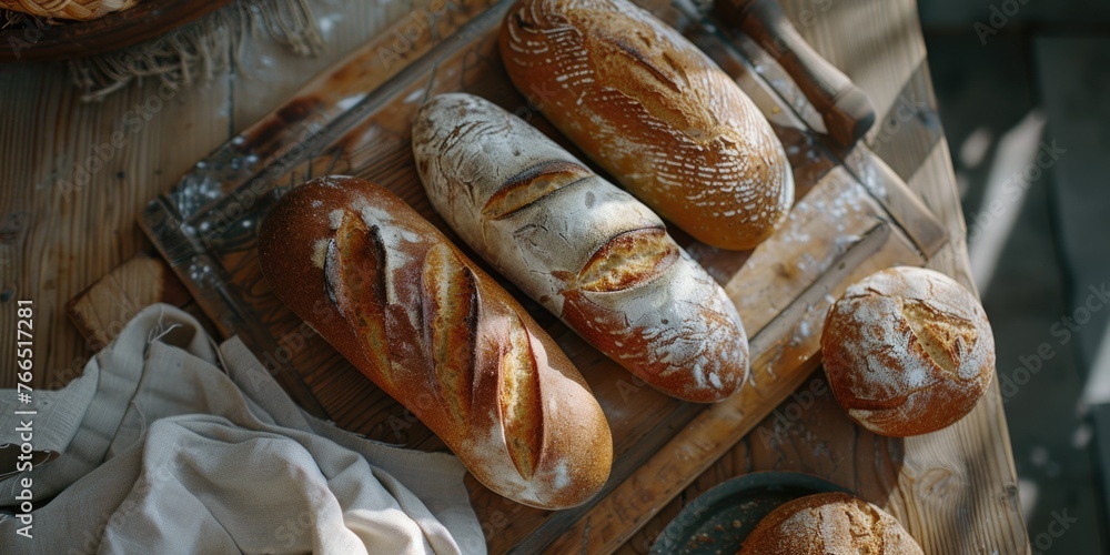 Aufkleber a wooden table with a variety of breads on it. the breads are sliced and arranged in a way that they