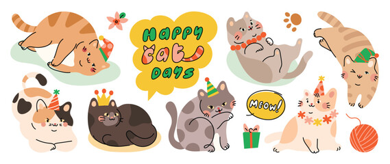 Cute cats and funny kitten doodle element vector. Happy international cat day characters design collection with flat color in different poses. Set of adorable pet animals isolated on white background. - obrazy, fototapety, plakaty