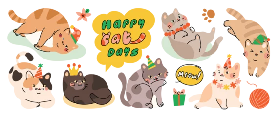 Deurstickers Cute cats and funny kitten doodle element vector. Happy international cat day characters design collection with flat color in different poses. Set of adorable pet animals isolated on white background. © TWINS DESIGN STUDIO