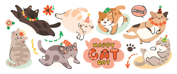 Cute cats and funny kitten doodle element vector. Happy international cat day characters design collection with flat color in different poses. Set of adorable pet animals isolated on white background. - obrazy, fototapety, plakaty