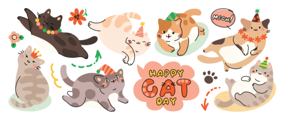 Gordijnen Cute cats and funny kitten doodle element vector. Happy international cat day characters design collection with flat color in different poses. Set of adorable pet animals isolated on white background. © TWINS DESIGN STUDIO