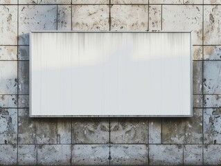 A white sign is hanging on a wall. The sign is blank, and it is not clear what it is for. The wall is made of concrete, and it has a rough texture
