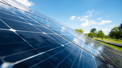 Close up portrait of solar panels array installed on roof top, sky and tree tops - obrazy, fototapety, plakaty