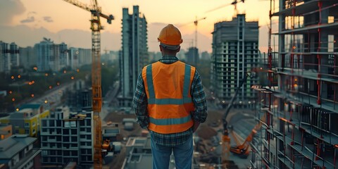 Supervising Civil Engineer at a Construction Site. Concept Construction Quality Control, Site Safety Procedures, Project Management, Structural Inspections, Contractor Coordination