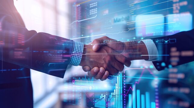 Partner. business man investor handshake with graph chart stock market diagram background, internet communication, global network link connection, partnership, digital technology, teamwork concept