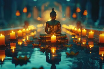 A statue of Buddha is sitting in a pond with candles lit around it. The scene is serene and peaceful, with the candles casting a warm glow on the water and the statue. Concept of calm and tranquility