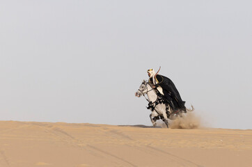 Saudi Man with his white stallion in a desert