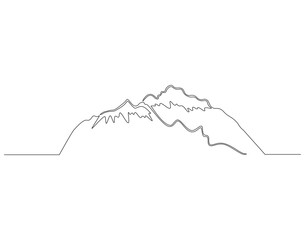 Continuous line drawing of mountain range. Mounts and high peak in simple line. Mountain continuous line art. Editable outline.