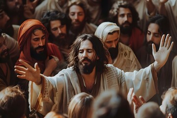 Jesus performing a miracle surrounded by disciples and people in awe evoking deep emotions and astonishment. Concept Biblical Scene, Miraculous Moment, Disciples in Awe, Emotions Stirred